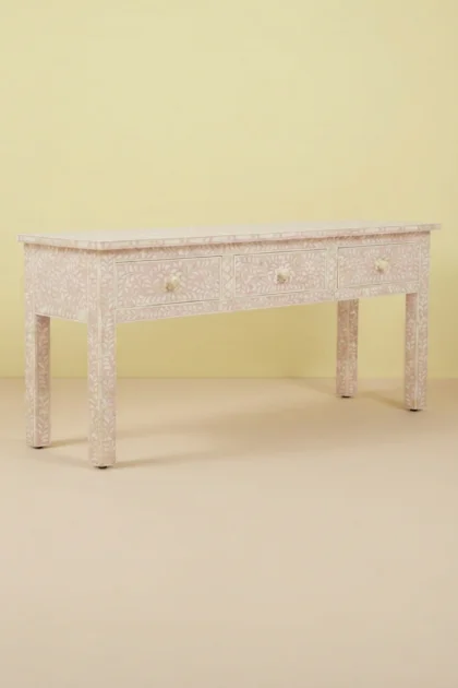 Bone Inlay Floral 3 Drawer Console Edge Peach, buy bone inlay floral drawer, luxury bone inlay floral drawer, handcrafted bone inlay floral drawer, handmade bone inlay floral drawer, bone inlay, bonebone-inlay-floral-3-drawer-console-edge-peach-bone-inlay-furniture-console-table-entryway-table-floral-design-floral-pattern-flower-motif-handmade-bone-i-01.webp