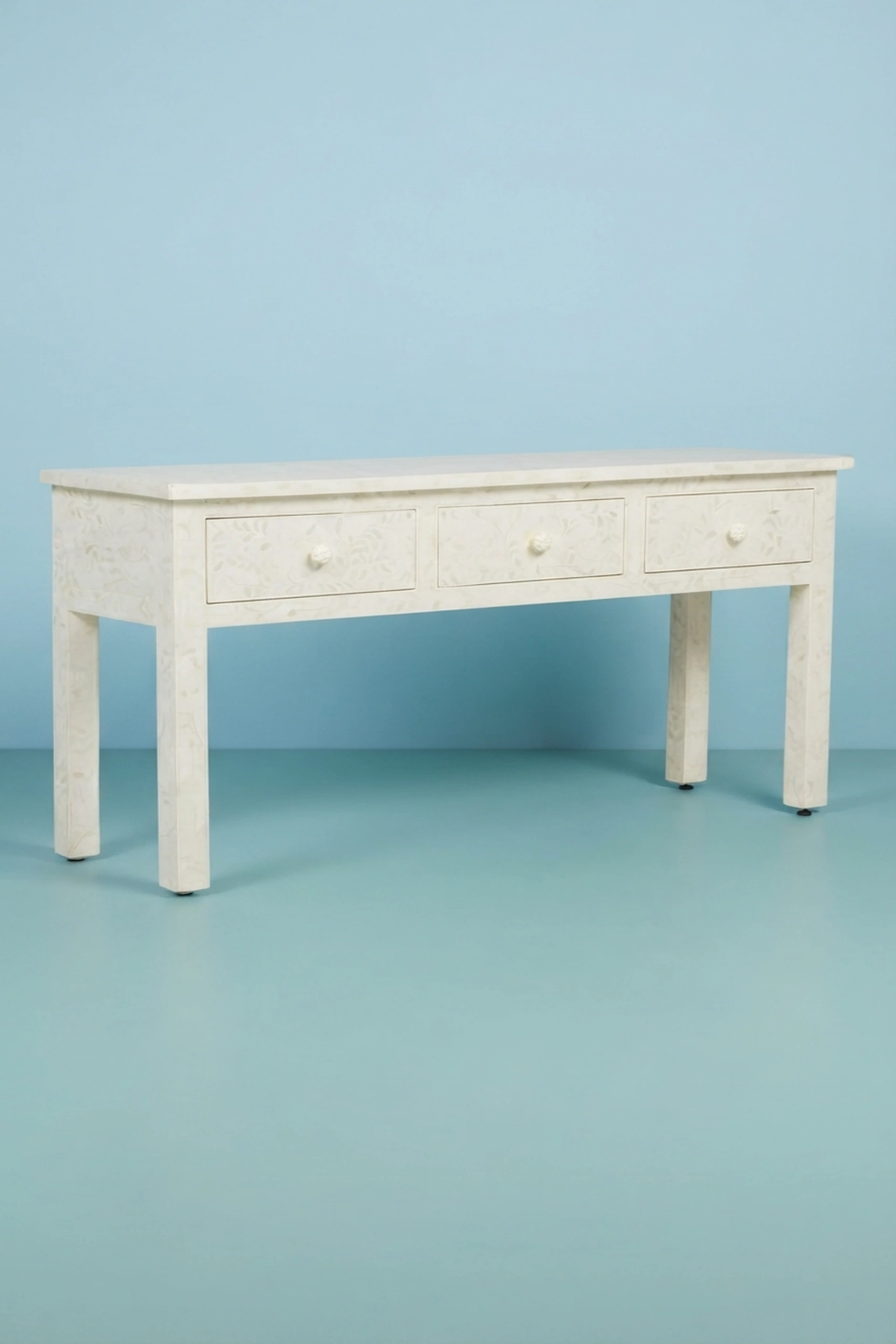 Bone Inlay Floral 3 Drawer Floral Console Edge White, buy bone inlay floral drawer, luxury bone inlay floral drawer, handcrafted bone inlay floral drawer, handmade bone inlay floral drawer, bone inlaybone-inlay-floral-3-drawer-floral-console-edge-white-bone-inlay-furniture-console-table-entryway-table-floral-design-floral-pattern-flower-motif-h-01.webp