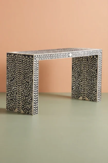 Bone Inlay Floral Console Table Black, buy bone inlay floral console, luxury bone inlay floral console, handcrafted bone inlay floral console, handmade bone inlay floral console, bone inlay, bonebone-inlay-floral-console-table-black-black-furniture-bone-inlay-furniture-console-table-entryway-table-floral-design-floral-pattern-flower-motif-furniture-table-01.webp