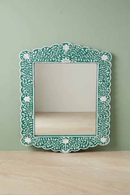 Bone Inlay Floral Scalloped Mirror Green, buy bone inlay floral scalloped, luxury bone inlay floral scalloped, handcrafted bone inlay floral scalloped, handmade bone inlay floral scalloped, bone inlaybone-inlay-floral-scalloped-mirror-green-bone-inlay-furniture-decorative-mirror-floral-design-floral-pattern-flower-motif-green-furniture-handmade-bone-inlay-wall-mirro-01.webp