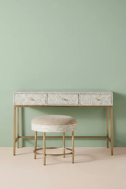 Bone Inlay Scroll Vine Design 3 Drawers Console and Stool Grey, buy bone inlay scroll vine, luxury bone inlay scroll vine, handcrafted bone inlay scroll vine, handmade bone inlay scroll vine, and greybone-inlay-scroll-vine-design-3-drawers-console-and-stool-grey-accent-stool-bone-inlay-furniture-console-table-entryway-table-grey-furnit-01.webp