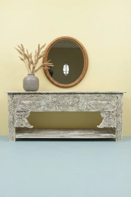 Brielle Reclaimed Wooden Console White Distress Finish, buy brielle reclaimed wooden console, luxury brielle reclaimed wooden console, handcrafted brielle reclaimed wooden console, brielle reclaimedbrielle-reclaimed-wooden-console-white-distress-finish-carved-furniture-carving-furniture-console-table-entryway-table-white-furniture-wooden-fu-01.webp