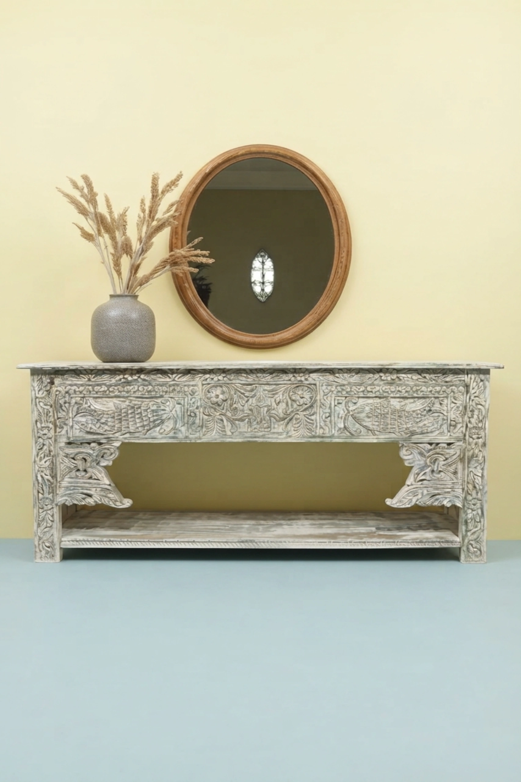 Brielle Reclaimed Wooden Console White Distress Finish, buy brielle reclaimed wooden console, luxury brielle reclaimed wooden console, handcrafted brielle reclaimed wooden console, brielle reclaimedbrielle-reclaimed-wooden-console-white-distress-finish-carved-furniture-carving-furniture-console-table-entryway-table-white-furniture-wooden-fu-01.webp