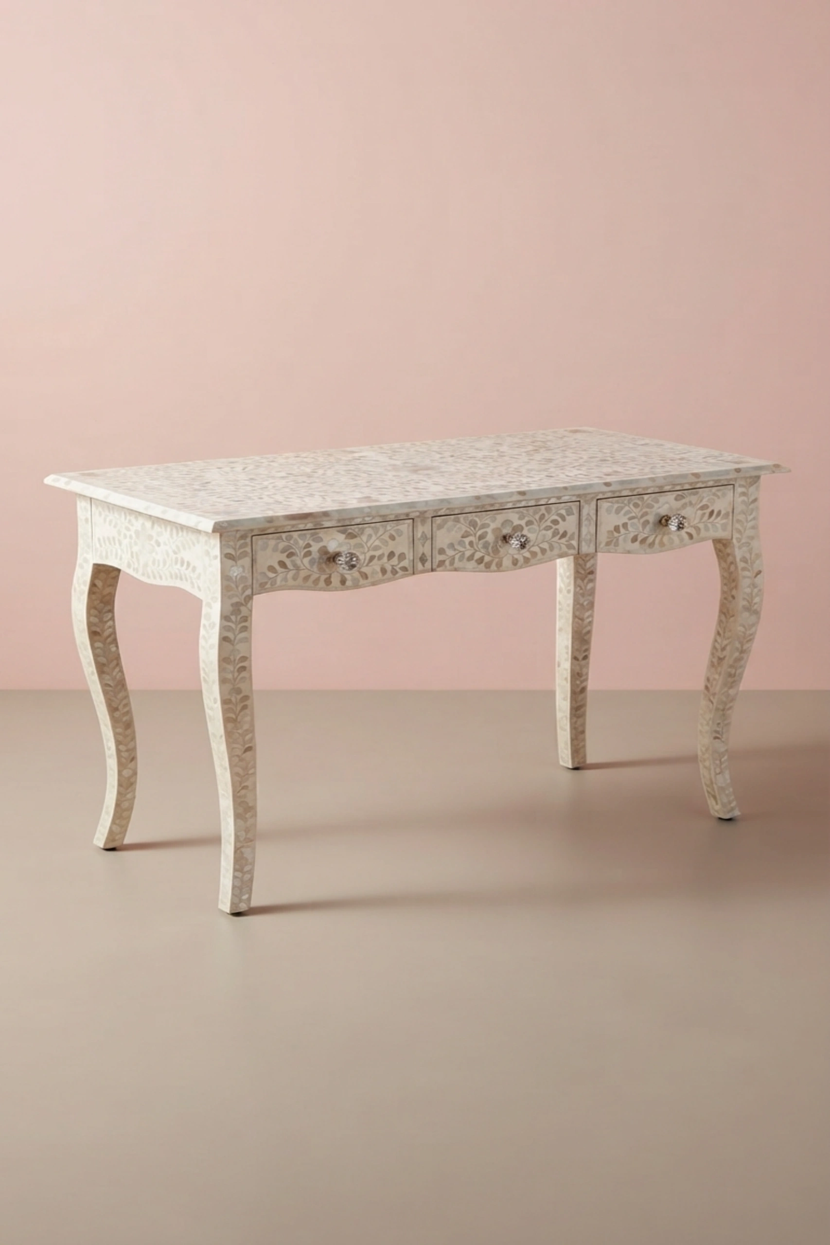 Curved Mother of Pearl Inlay Desk Floral Beige, buy curved mother pearl inlay, luxury curved mother pearl inlay, handcrafted curved mother pearl inlay, handmade curved mother pearl inlay, curved pearlcurved-mother-of-pearl-inlay-desk-floral-beige-desk-floral-design-floral-pattern-flower-motif-home-office-furniture-mop-inlay-furniture-mother-of-pearl-01.webp
