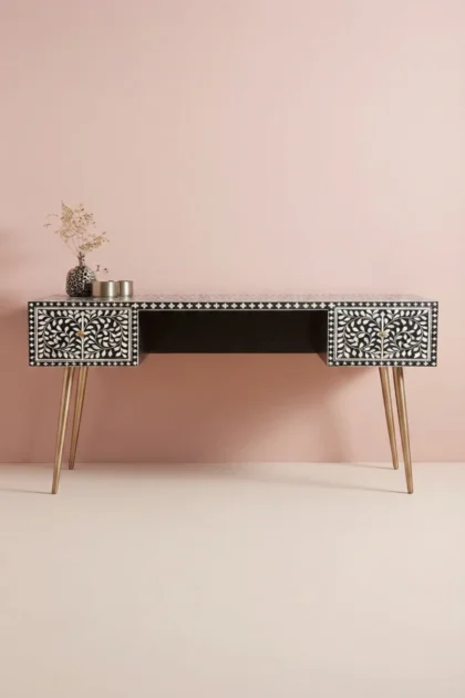 Floral Bone Inlay 2 Drawer Desk Black, buy floral bone inlay drawer, luxury floral bone inlay drawer, handcrafted floral bone inlay drawer, handmade floral bone inlay drawer, floral bone inlay giftfloral-bone-inlay-2-drawer-desk-black-black-furniture-bone-inlay-furniture-desk-floral-design-floral-pattern-flower-motif-handmade-bone-inlay-home-office-furnitu-01.webp