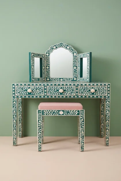 Floral Bone Inlay Vanity Combo Green, buy floral bone inlay vanity, luxury floral bone inlay vanity, handcrafted floral bone inlay vanity, handmade floral bone inlay vanity, floral bone inlay giftfloral-bone-inlay-vanity-combo-green-bone-inlay-furniture-floral-design-floral-pattern-flower-motif-green-furniture-handmade-bone-inlay-vanity-table-01.webp