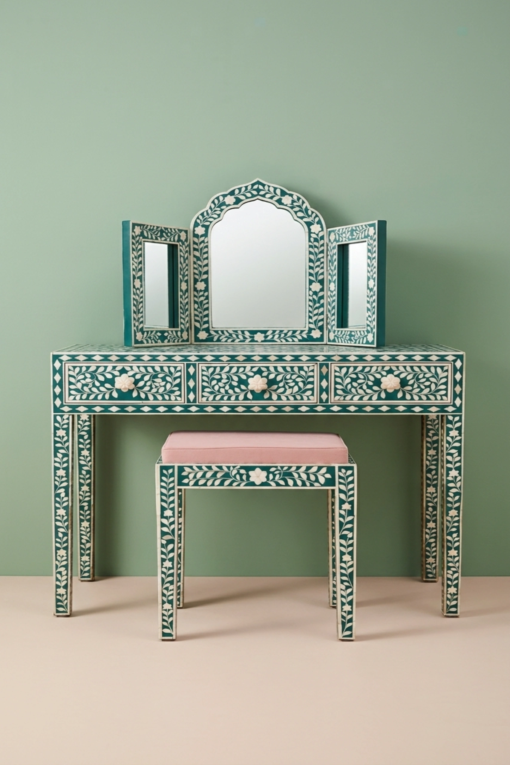Floral Bone Inlay Vanity Combo Green, buy floral bone inlay vanity, luxury floral bone inlay vanity, handcrafted floral bone inlay vanity, handmade floral bone inlay vanity, floral bone inlay giftfloral-bone-inlay-vanity-combo-green-bone-inlay-furniture-floral-design-floral-pattern-flower-motif-green-furniture-handmade-bone-inlay-vanity-table-01.webp