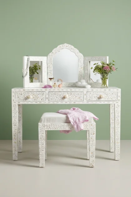 Floral Mother of Pearl Inlay Vanity Combo White, buy floral mother pearl inlay, luxury floral mother pearl inlay, handcrafted floral mother pearl inlay, handmade floral mother pearl inlay, pearl inlayfloral-mother-of-pearl-inlay-vanity-combo-white-floral-design-floral-pattern-flower-motif-mop-inlay-furniture-mother-of-pearl-inlay-vanity-table-white-f-01.webp