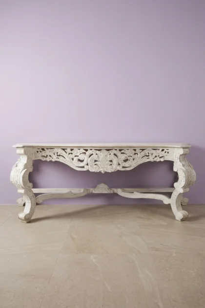 French Style Handcarved Wooden Console White Distress Finish, buy french style handcarved wooden, luxury french style handcarved wooden, handcrafted french style handcarved wooden, french style, stylefrench-style-handcarved-wooden-console-white-distress-finish-carved-furniture-carving-furniture-console-table-entryway-table-white-furnitu-01.webp