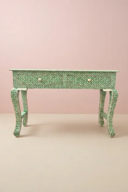 Geometric Bone Inlay 2 Drawer Curved Console Green, buy geometric bone inlay drawer, luxury geometric bone inlay drawer, handcrafted geometric bone inlay drawer, handmade geometric bone inlay drawergeometric-bone-inlay-2-drawer-curved-console-green-bone-inlay-furniture-console-table-entryway-table-geometric-design-geometric-pattern-green-furnit-01.webp