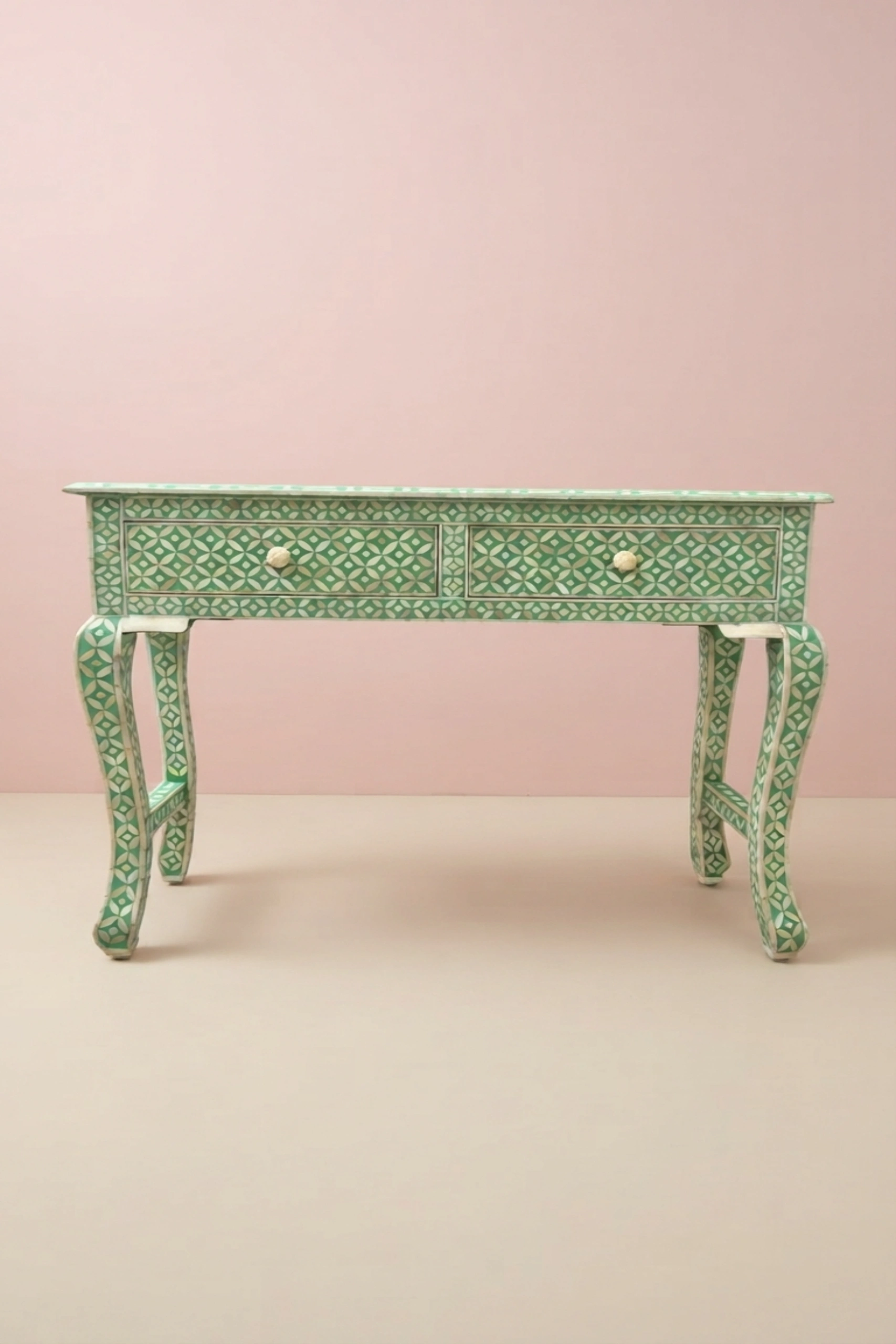 Geometric Bone Inlay 2 Drawer Curved Console Green, buy geometric bone inlay drawer, luxury geometric bone inlay drawer, handcrafted geometric bone inlay drawer, handmade geometric bone inlay drawergeometric-bone-inlay-2-drawer-curved-console-green-bone-inlay-furniture-console-table-entryway-table-geometric-design-geometric-pattern-green-furnit-01.webp