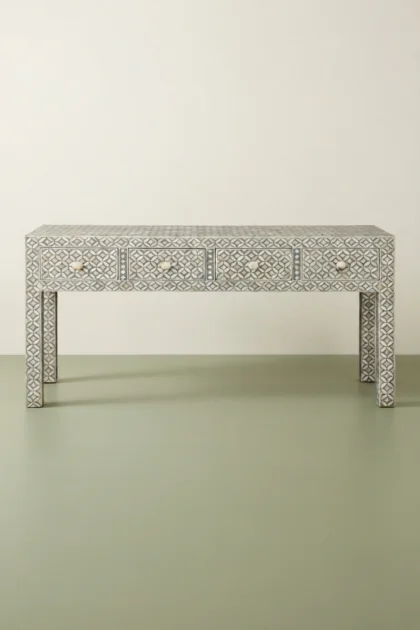 Geometric Bone Inlay Console 4 Drawers Grey, buy geometric bone inlay console, luxury geometric bone inlay console, handcrafted geometric bone inlay console, handmade geometric bone inlay consolegeometric-bone-inlay-console-4-drawers-grey-bone-inlay-furniture-console-table-entryway-table-geometric-design-geometric-pattern-grey-furniture-handmade-bo-01.webp