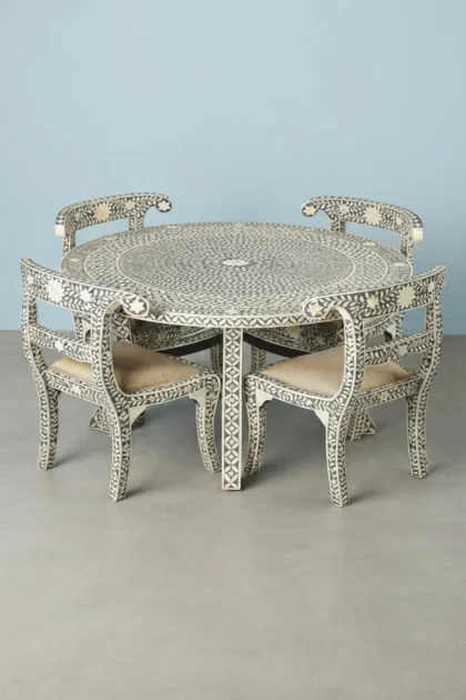 Geometric Floral Bone Inlay Round Dining Table Set Grey, buy geometric floral bone inlay, luxury geometric floral bone inlay, handcrafted geometric floral bone inlay, geometric floral bone inlay indiageometric-floral-bone-inlay-round-dining-table-set-grey-bone-inlay-furniture-dining-room-furniture-dining-table-floral-design-flora-01.webp