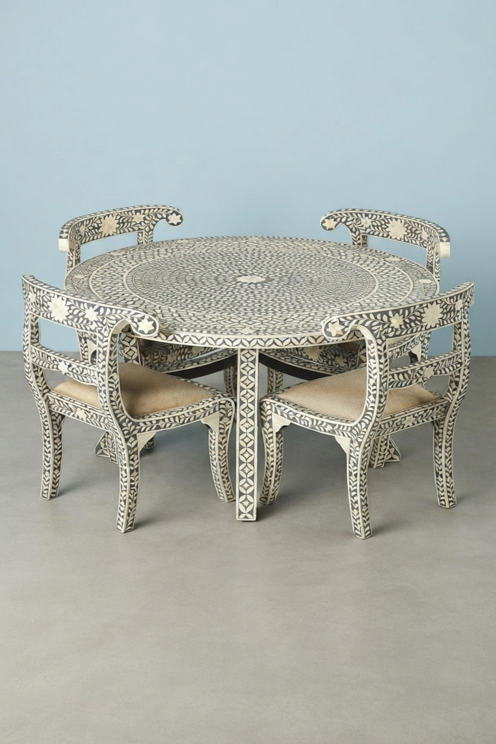 Geometric Floral Bone Inlay Round Dining Table Set Grey, buy geometric floral bone inlay, luxury geometric floral bone inlay, handcrafted geometric floral bone inlay, geometric floral bone inlay indiageometric-floral-bone-inlay-round-dining-table-set-grey-bone-inlay-furniture-dining-room-furniture-dining-table-floral-design-flora-01.webp
