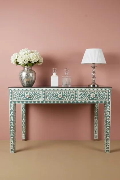 Green Bone Inlay Floral 3 Drawer Console, buy green bone inlay floral, luxury green bone inlay floral, handcrafted green bone inlay floral, handmade green bone inlay floral, green bone inlay giftgreen-bone-inlay-floral-3-drawer-console-bone-inlay-furniture-console-table-entryway-table-floral-design-floral-pattern-flower-motif-green-furniture-handmade-01.webp