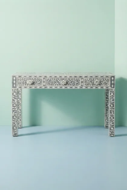 Grey Mother Of Pearl Inlay Floral 3 Drawer Console Table, buy grey mother pearl inlay, luxury grey mother pearl inlay, handcrafted grey mother pearl inlay, handmade grey mother pearl inlay, grey pearlgrey-mother-of-pearl-inlay-floral-3-drawer-console-table-console-table-entryway-table-floral-design-floral-pattern-flower-motif-furniture-tabl-01.webp