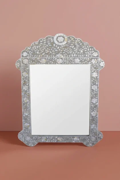 Grey Mother Of Pearl Inlay Floral Circle Mirror, buy grey mother pearl inlay, luxury grey mother pearl inlay, handcrafted grey mother pearl inlay, handmade grey mother pearl inlay, grey mother, greygrey-mother-of-pearl-inlay-floral-circle-mirror-decorative-mirror-floral-design-floral-pattern-flower-motif-grey-furniture-mop-inlay-furniture-mother-of-pearl-in-01.webp