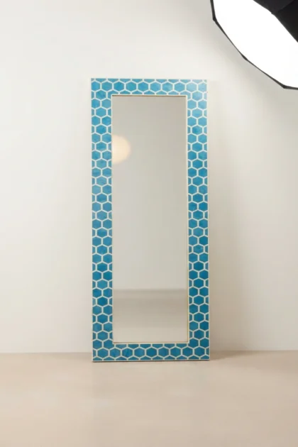 Honeycomb Bone Inlay Floor Mirror Turquoise, buy honeycomb bone inlay floor, luxury honeycomb bone inlay floor, handcrafted honeycomb bone inlay floor, handmade honeycomb bone inlay floor, bone inlayhoneycomb-bone-inlay-floor-mirror-turquoise-bone-inlay-furniture-decorative-mirror-handmade-bone-inlay-wall-mirror-01.webp