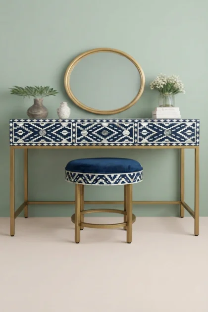 Ikat Mother of Pearl Inlay Inlay Vanity Set Blue, buy ikat mother pearl inlay, luxury ikat mother pearl inlay, handcrafted ikat mother pearl inlay, handmade ikat mother pearl inlay, ikat mother, ikatikat-mother-of-pearl-inlay-inlay-vanity-set-blue-blue-furniture-mop-inlay-furniture-mother-of-pearl-inlay-vanity-table-01.webp