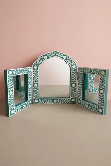 Isabelle Bone Inlay Floral Triple Mirror Green, buy isabelle bone inlay floral, luxury isabelle bone inlay floral, handcrafted isabelle bone inlay floral, handmade isabelle bone inlay floral, isabelleisabelle-bone-inlay-floral-triple-mirror-green-bone-inlay-furniture-decorative-mirror-floral-design-floral-pattern-flower-motif-green-furniture-handmade-bone-inla-01.webp