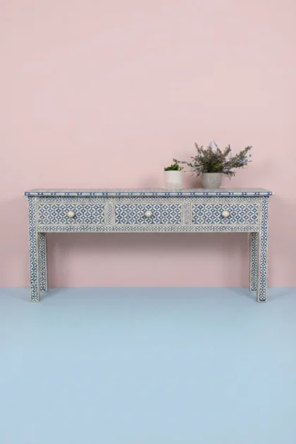 Joy Blue Bone Inlay Geometric 3 Drawer Console, buy joy blue bone inlay, luxury joy blue bone inlay, handcrafted joy blue bone inlay, handmade joy blue bone inlay, joy blue bone inlay online, joy bluejoy-blue-bone-inlay-geometric-3-drawer-console-blue-furniture-bone-inlay-furniture-console-table-entryway-table-geometric-design-geometric-pattern-handm-01.webp