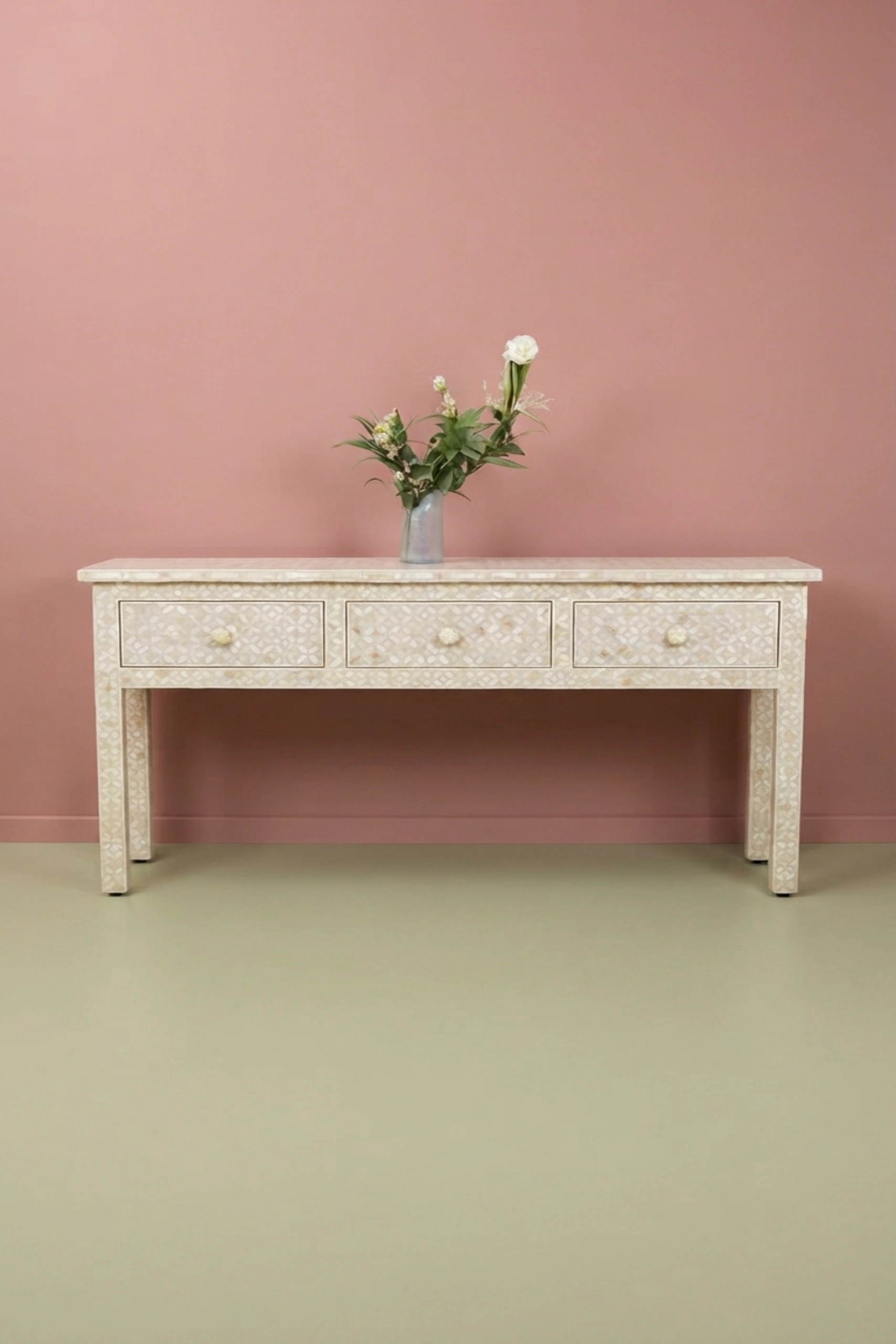 Joy Blush Pink Bone Inlay Geometric 3 Drawer Console, buy joy blush pink bone, luxury joy blush pink bone, handcrafted joy blush pink bone, handmade joy blush pink bone, joy blush pink bone onlinejoy-blush-pink-bone-inlay-geometric-3-drawer-console-bone-inlay-furniture-console-table-entryway-table-geometric-design-geometric-pattern-handmade-01.webp