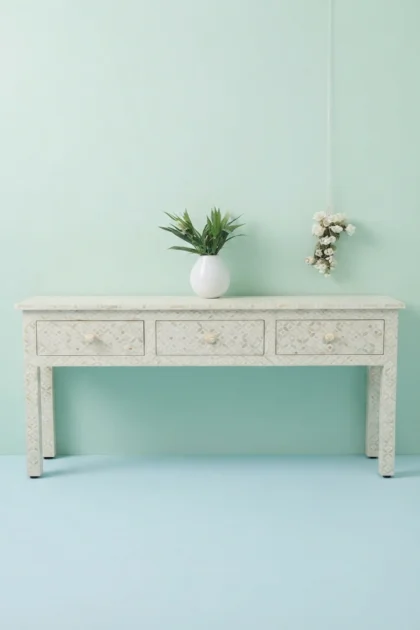 Joy White Bone Inlay Geometric 3 Drawer Console, buy joy white bone inlay, luxury joy white bone inlay, handcrafted joy white bone inlay, handmade joy white bone inlay, joy white bone inlay onlinejoy-white-bone-inlay-geometric-3-drawer-console-bone-inlay-furniture-console-table-entryway-table-geometric-design-geometric-pattern-handmade-bone-inla-01.webp