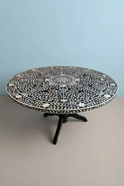 MOP Inlay Dining Table Flower Center Design Black, buy mop inlay dining table, luxury mop inlay dining table, handcrafted mop inlay dining table, handmade mop inlay dining table, mop inlay dining giftmop-inlay-dining-table-flower-center-design-black-black-furniture-botanical-design-dining-room-furniture-dining-table-flower-pattern-furn-01.webp