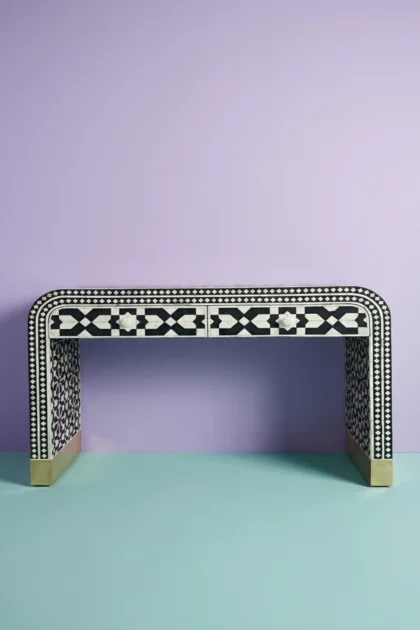 Moroccan Bone Inlay Waterfall 2 Drawers Console Black, buy moroccan bone inlay waterfall, luxury moroccan bone inlay waterfall, handcrafted moroccan bone inlay waterfall, moroccan bone inlay giftmoroccan-bone-inlay-waterfall-2-drawers-console-black-black-furniture-bone-inlay-furniture-console-table-entryway-table-handmade-bone-inlay-moroc-01.webp