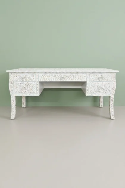 Mother of Pearl Inlay Curved 5 Drawer Floral Desk White, buy mother pearl inlay curved, luxury mother pearl inlay curved, handcrafted mother pearl inlay curved, handmade mother pearl inlay curvedmother-of-pearl-inlay-curved-5-drawer-floral-desk-white-desk-floral-design-floral-pattern-flower-motif-home-office-furniture-mop-inlay-furnitur-01.webp