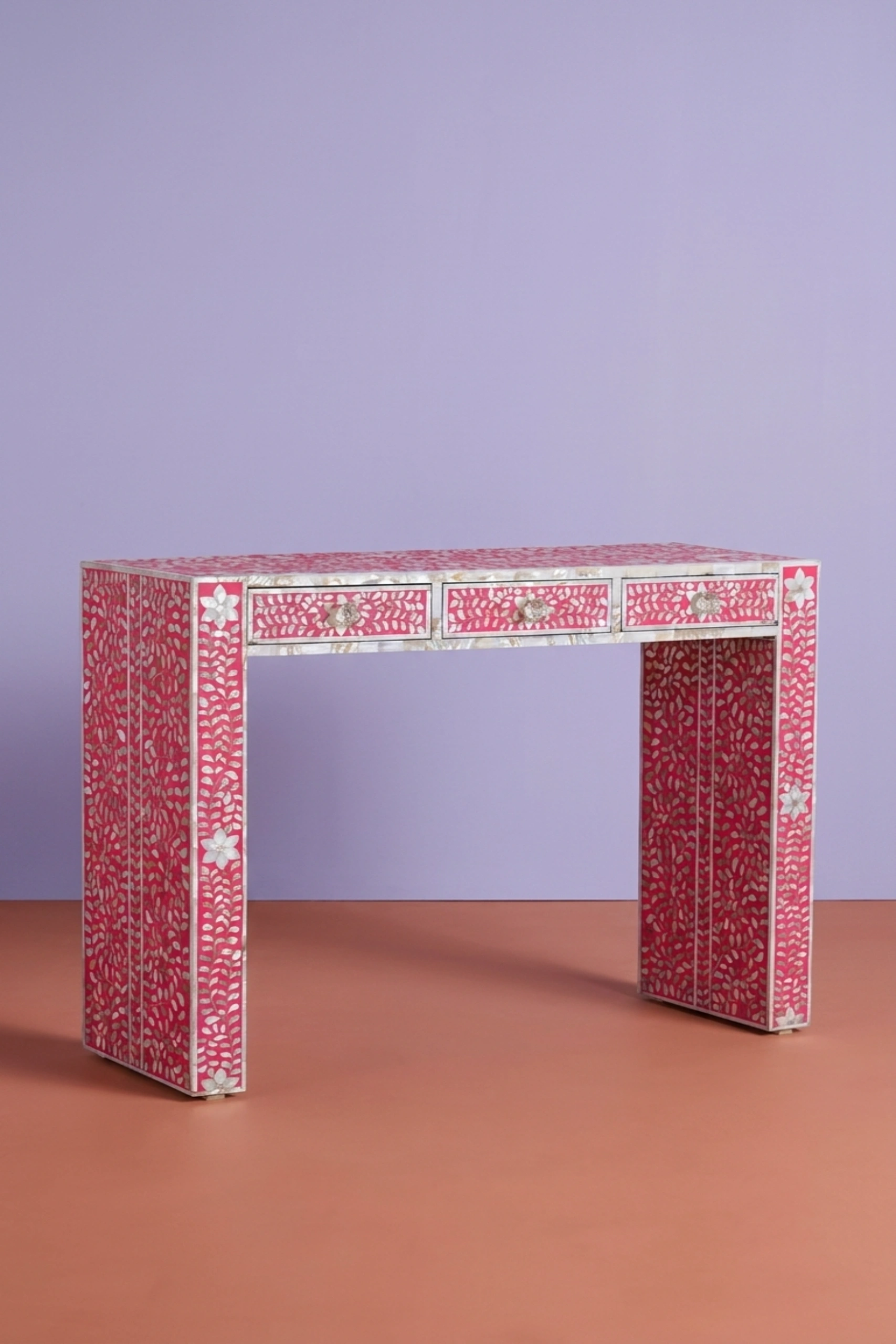 Mother Of Pearl Inlay Floral Console Table Pink, buy mother pearl inlay floral, luxury mother pearl inlay floral, handcrafted mother pearl inlay floral, handmade mother pearl inlay floral, pearl inlaymother-of-pearl-inlay-floral-console-table-pink-console-table-entryway-table-floral-design-floral-pattern-flower-motif-furniture-table-mop-inlay-furnit-01.webp