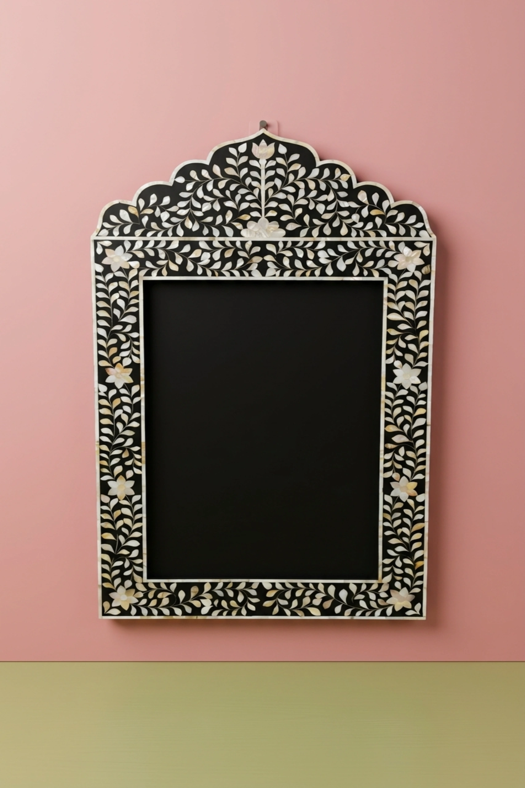 Mother Of Pearl Inlay Floral Crested Mirror Black, buy mother pearl inlay floral, luxury mother pearl inlay floral, handcrafted mother pearl inlay floral, handmade mother pearl inlay floral, mothermother-of-pearl-inlay-floral-crested-mirror-black-black-furniture-decorative-mirror-floral-design-floral-pattern-flower-motif-mop-inlay-furniture-mother-of-pea-01.webp