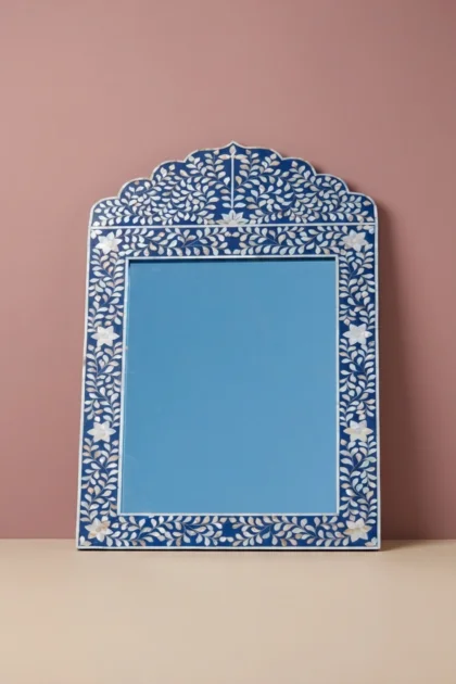Mother Of Pearl Inlay Floral Crested Mirror Blue, buy mother pearl inlay floral, luxury mother pearl inlay floral, handcrafted mother pearl inlay floral, handmade mother pearl inlay floral, mothermother-of-pearl-inlay-floral-crested-mirror-blue-blue-furniture-decorative-mirror-floral-design-floral-pattern-flower-motif-mop-inlay-furniture-mother-of-pearl-01.webp