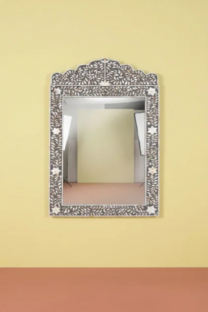 Mother Of Pearl Inlay Floral Crested Mirror Grey, buy mother pearl inlay floral, luxury mother pearl inlay floral, handcrafted mother pearl inlay floral, handmade mother pearl inlay floral, mothermother-of-pearl-inlay-floral-crested-mirror-grey-decorative-mirror-floral-design-floral-pattern-flower-motif-grey-furniture-mop-inlay-furniture-mother-of-pearl-01.webp