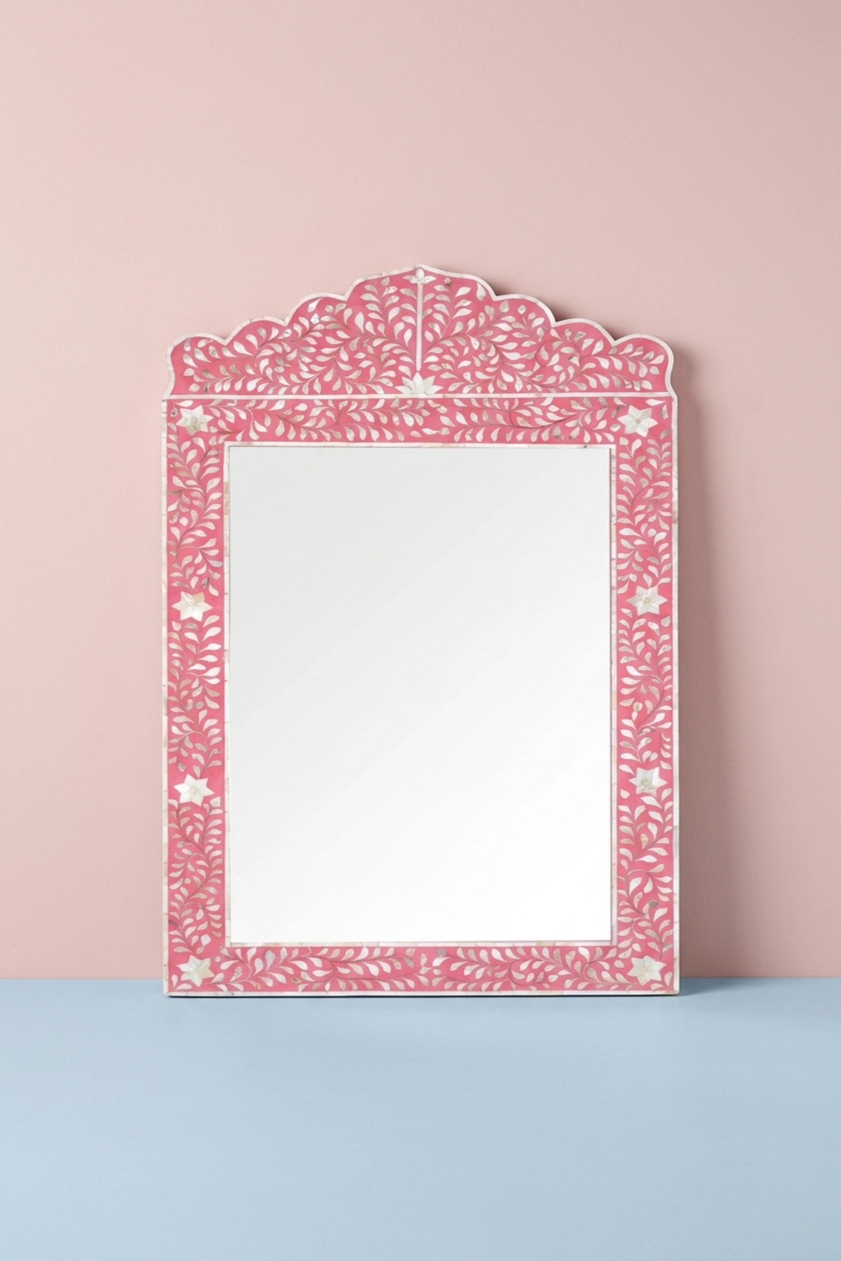 Mother Of Pearl Inlay Floral Crested Mirror Pink, buy mother pearl inlay floral, luxury mother pearl inlay floral, handcrafted mother pearl inlay floral, handmade mother pearl inlay floral, mothermother-of-pearl-inlay-floral-crested-mirror-pink-decorative-mirror-floral-design-floral-pattern-flower-motif-mop-inlay-furniture-mother-of-pearl-inlay-pink-furn-01.webp