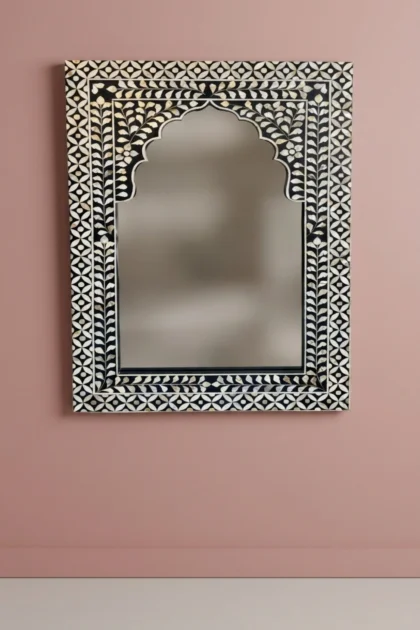 Mother Of Pearl Inlay Geometric Floral Mirror Black, buy mother pearl inlay geometric, luxury mother pearl inlay geometric, handcrafted mother pearl inlay geometric, mother pearl inlay geometric indiamother-of-pearl-inlay-geometric-floral-mirror-black-black-furniture-decorative-mirror-floral-design-floral-pattern-flower-motif-geometric-design-geometric-pa-01.webp
