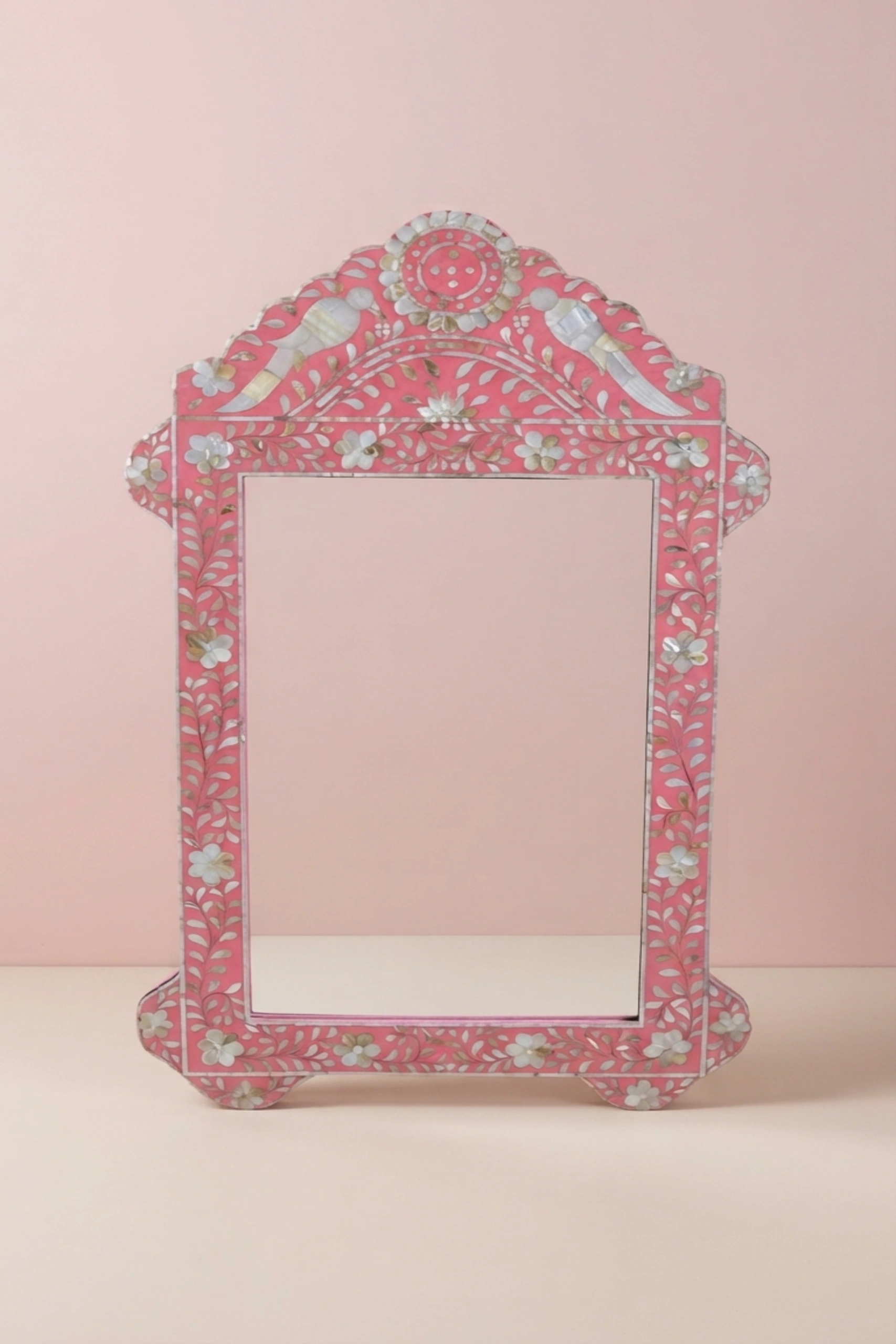 Pink Mother Of Pearl Inlaid Parrot Mirror, buy pink mother pearl inlaid, luxury pink mother pearl inlaid, handcrafted pink mother pearl inlaid, handmade pink mother pearl inlaid, pink mother, pinkpink-mother-of-pearl-inlaid-parrot-mirror-decorative-mirror-mop-inlay-furniture-mother-of-pearl-inlay-pink-furniture-wall-mirror-01.webp