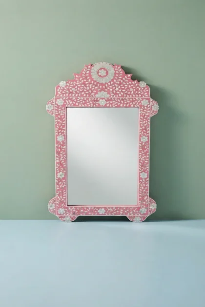 Pink Mother Of Pearl Inlay Floral Circle Mirror, buy pink mother pearl inlay, luxury pink mother pearl inlay, handcrafted pink mother pearl inlay, handmade pink mother pearl inlay, pink mother, pinkpink-mother-of-pearl-inlay-floral-circle-mirror-decorative-mirror-floral-design-floral-pattern-flower-motif-mop-inlay-furniture-mother-of-pearl-inlay-pink-furnit-01.webp