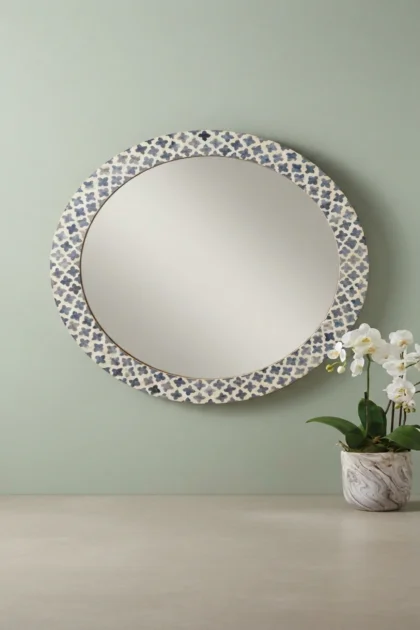 Quatrefoil Colored Bone Inlay Round Mirror Grey, buy quatrefoil colored bone inlay, luxury quatrefoil colored bone inlay, handcrafted quatrefoil colored bone inlay, quatrefoil colored bone inlay indiaquatrefoil-colored-bone-inlay-round-mirror-grey-bone-inlay-furniture-decorative-mirror-grey-furniture-handmade-bone-inlay-wall-mirror-01.webp