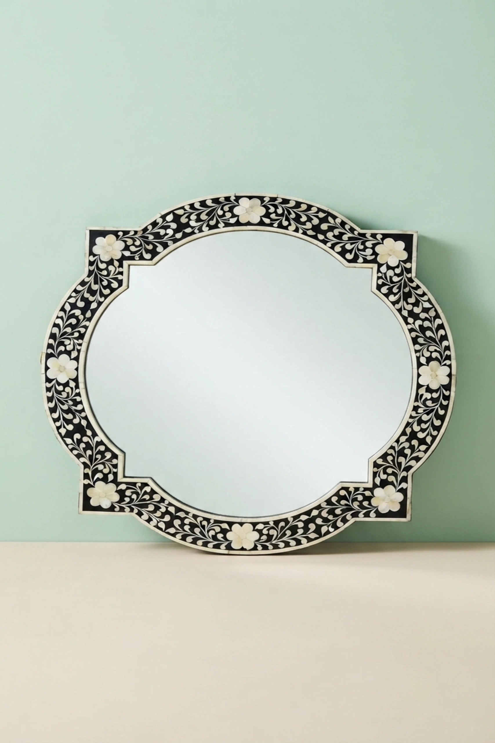 Quatrefoil Floral Bone Inlay Mirror Black, buy quatrefoil floral bone inlay, luxury quatrefoil floral bone inlay, handcrafted quatrefoil floral bone inlay, handmade quatrefoil floral bone inlay, bonequatrefoil-floral-bone-inlay-mirror-black-black-furniture-bone-inlay-furniture-decorative-mirror-floral-design-floral-pattern-flower-motif-handmade-bone-inlay-wall-mir-01.webp