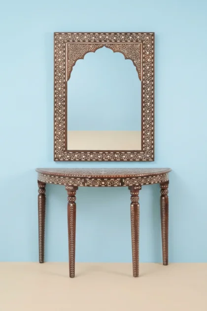 Teakwood Bone Inlay Entryway Console and Mirror Set, buy teakwood bone inlay entryway, luxury teakwood bone inlay entryway, handcrafted teakwood bone inlay entryway, teakwood bone inlay entryway indiateakwood-bone-inlay-entryway-console-and-mirror-set-bone-inlay-furniture-console-table-decorative-mirror-entryway-table-handmade-bone-inlay-wall-mi-01.webp