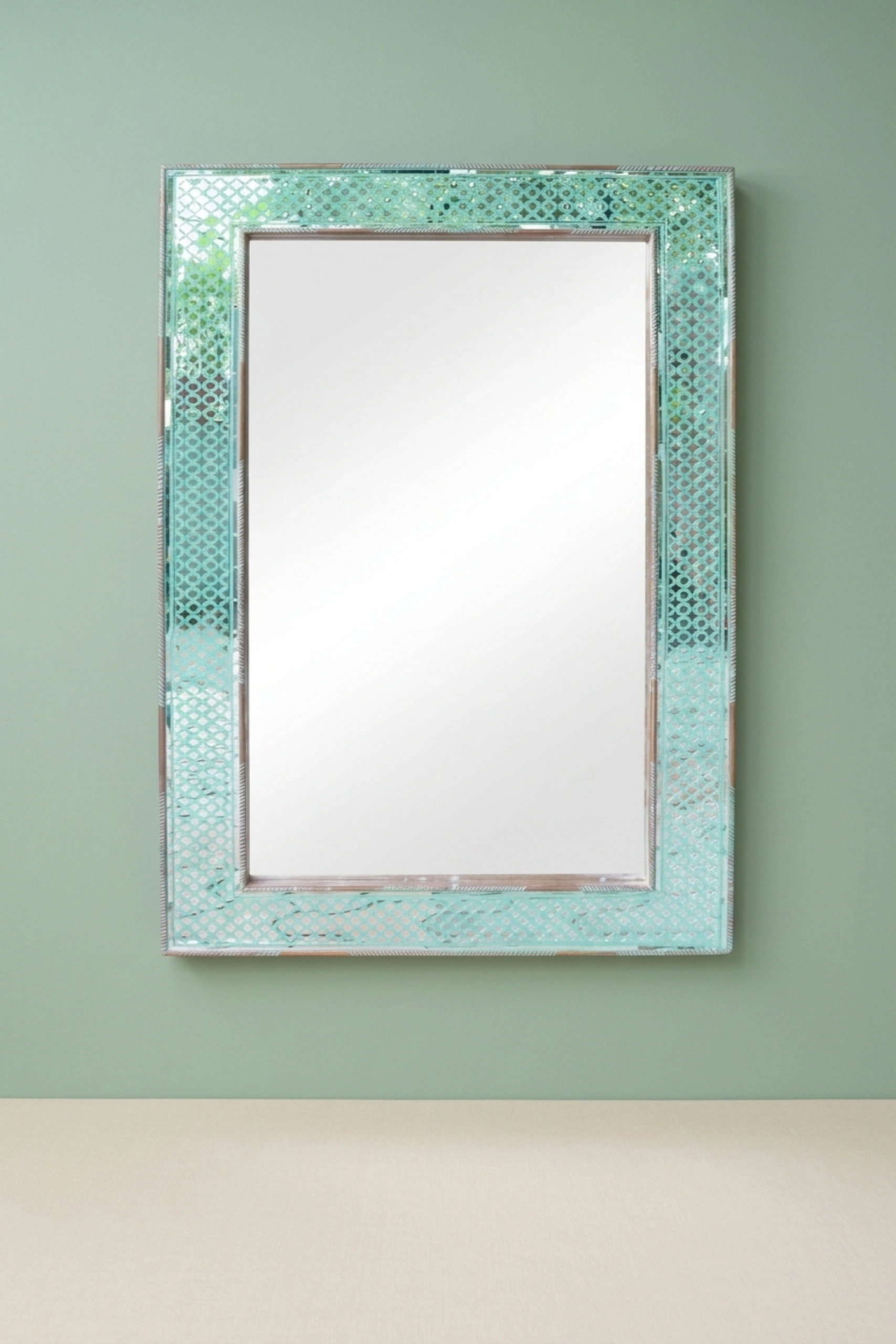 Thikri Glass Inlay Mirror Green With Brass Work, buy thikri glass inlay mirror, luxury thikri glass inlay mirror, handcrafted thikri glass inlay mirror, handmade thikri glass inlay mirror, glass inlaythikri-glass-inlay-mirror-green-with-brass-work-brass-furniture-decorative-mirror-glass-inlay-green-furniture-metal-furniture-thikri-glass-inlay-wall-mirror-01.webp