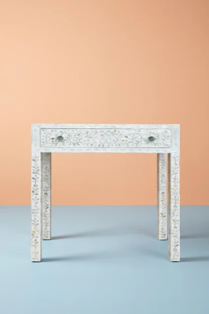White Mother Of Pearl Inlay Floral 1 Drawer Console Table, buy white mother pearl inlay, luxury white mother pearl inlay, handcrafted white mother pearl inlay, handmade white mother pearl inlay, whitewhite-mother-of-pearl-inlay-floral-1-drawer-console-table-console-table-entryway-table-floral-design-floral-pattern-flower-motif-furniture-ta-01.webp