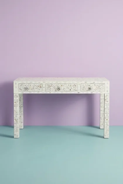 White Mother Of Pearl Inlay Floral 3 Drawer Console Table, buy white mother pearl inlay, luxury white mother pearl inlay, handcrafted white mother pearl inlay, handmade white mother pearl inlay, whitewhite-mother-of-pearl-inlay-floral-3-drawer-console-table-console-table-entryway-table-floral-design-floral-pattern-flower-motif-furniture-ta-01.webp