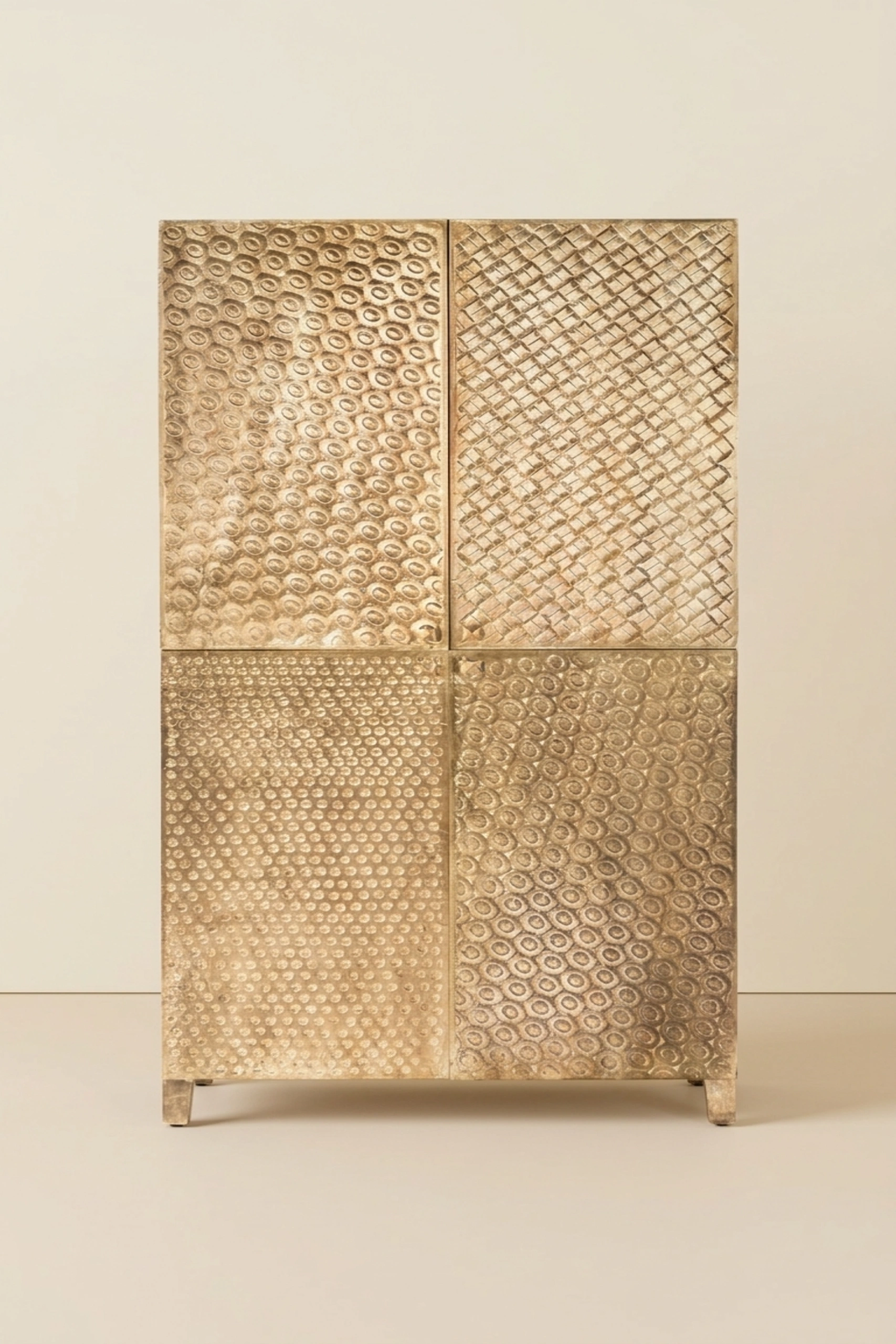 Elio Brass Embossed 4 Door Cupboard, buy elio brass embossed door, luxury elio brass embossed door, handcrafted elio brass embossed door, handmade elio brass embossed door, elio brass embossed giftElio_Brass_Embossed_4_Door_Cupboard_image_01_front_view_luxury_storage_wardrobe_armoire_cupboard_handcrafted_bedroom_living_room_artisan_premium_interior_furniture.webp