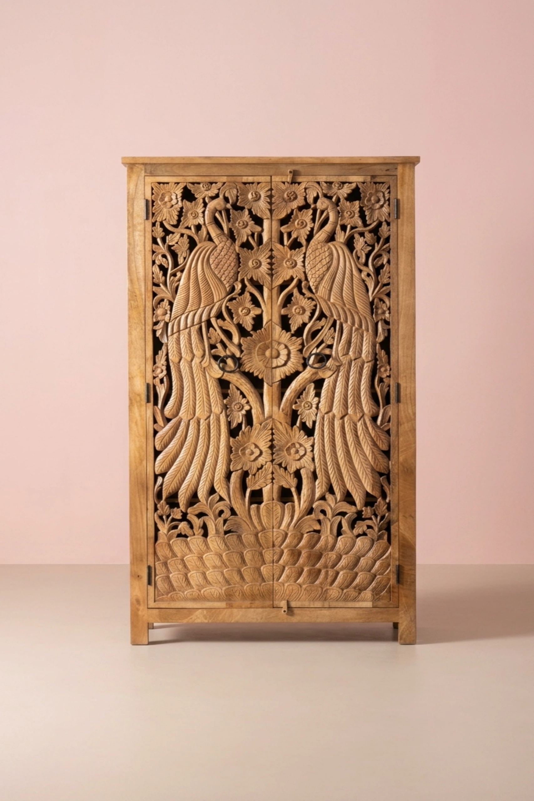 Handcarved Peacock Design Almirah Natural, buy handcarved peacock design almirah, luxury handcarved peacock design almirah, handcrafted handcarved peacock design almirah, handcarved peacock, peacockHandcarved_Peacock_Design_Almirah_Natural_image_01_front_view_luxury_storage_wardrobe_armoire_cupboard_handcrafted_bedroom_living_room_artisan_premium_interior_furniture.webp