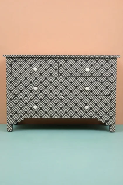 Arrow Bone Inlay 4 Drawer Dresser Black, buy arrow bone inlay drawer, luxury arrow bone inlay drawer, handcrafted arrow bone inlay drawer, handmade arrow bone inlay drawer, arrow bone inlay gift, bonearrow-bone-inlay-4-drawer-dresser-black-bedroom-storage-black-furniture-bone-inlay-furniture-dresser-handmade-bone-inlay-01.webp