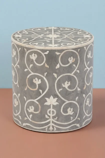 Bel Bone Inlay Stool Grey, buy bel bone inlay stool, luxury bel bone inlay stool, handcrafted bel bone inlay stool, handmade bel bone inlay stool, bel bone inlay stool online, bel bone inlay gift, belbel-bone-inlay-stool-grey-accent-stool-bone-inlay-furniture-grey-furniture-handmade-bone-inlay-stool-01.webp