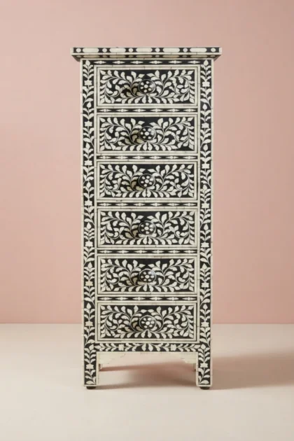 Black Bone Inlay 6 Drawer Floral Lingerie Chest, buy black bone inlay drawer, luxury black bone inlay drawer, handcrafted black bone inlay drawer, handmade black bone inlay drawer, black bone, blackblack-bone-inlay-6-drawer-floral-lingerie-chest-black-furniture-bone-inlay-furniture-chest-of-drawers-drawers-cabinet-floral-design-floral-pattern-flower-motif-ha-01.webp