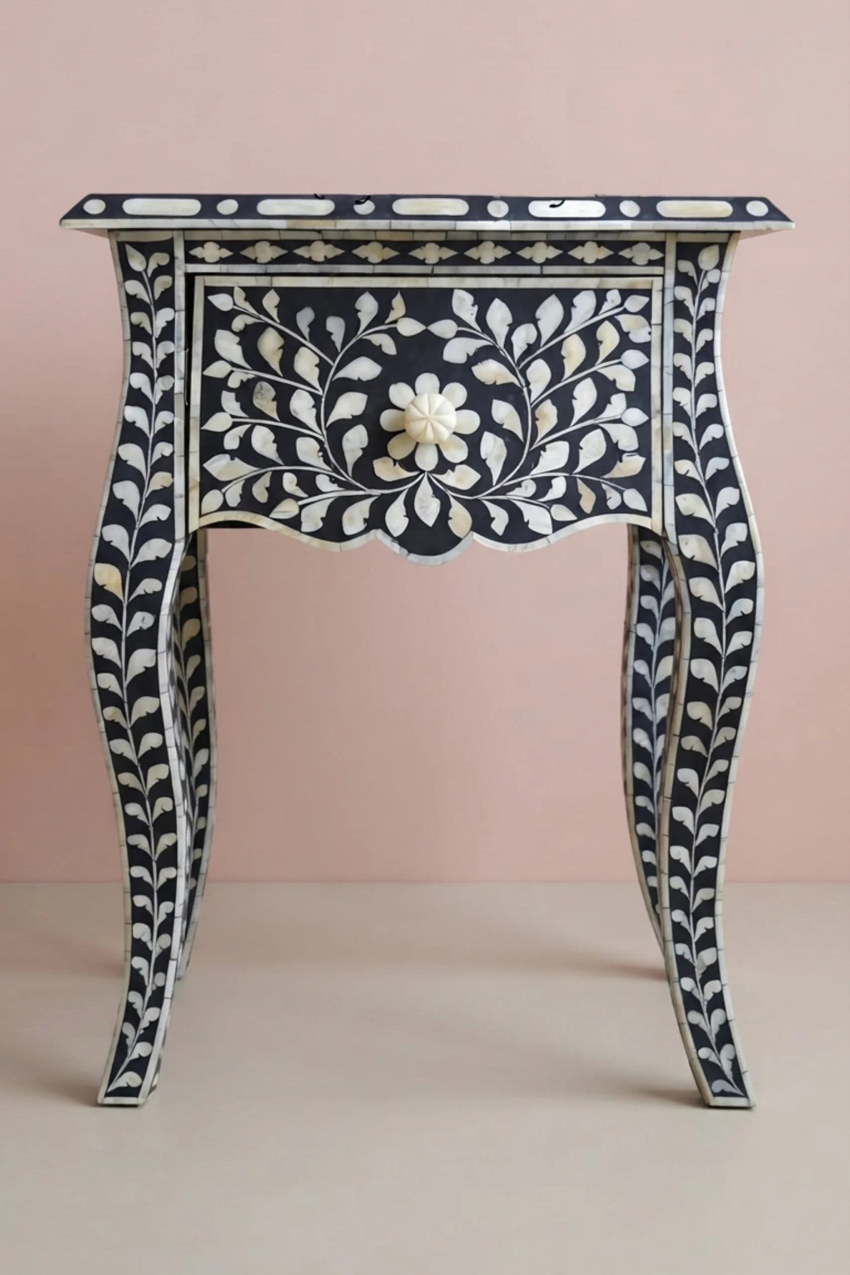 Black Bone Inlay Bedside 1 Drawer Floral Design, buy black bone inlay bedside, luxury black bone inlay bedside, handcrafted black bone inlay bedside, handmade black bone inlay bedside, black boneblack-bone-inlay-bedside-1-drawer-floral-design-bedside-table-black-furniture-bone-inlay-furniture-floral-design-floral-pattern-flower-motif-handmade-bone-inla-01.webp